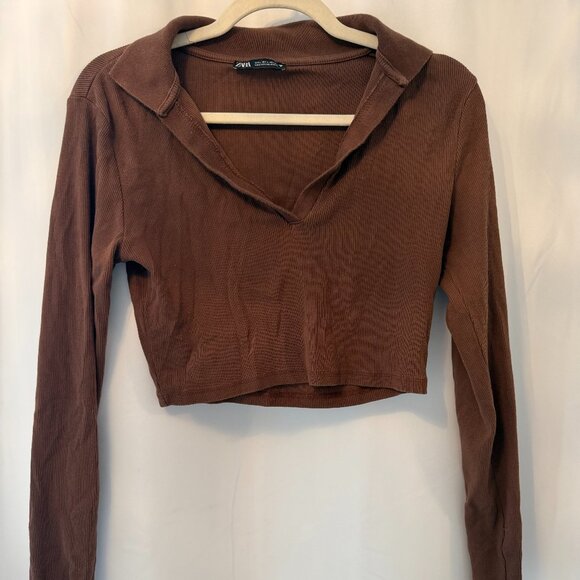 Ribber Long Sleeve Collared Crop Top - Picture 1 of 1